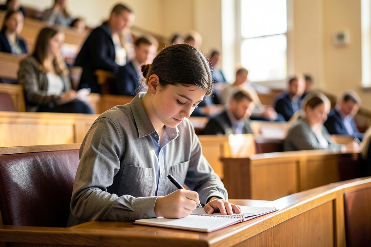 Student taking notes during a lecture in a university lecture hall